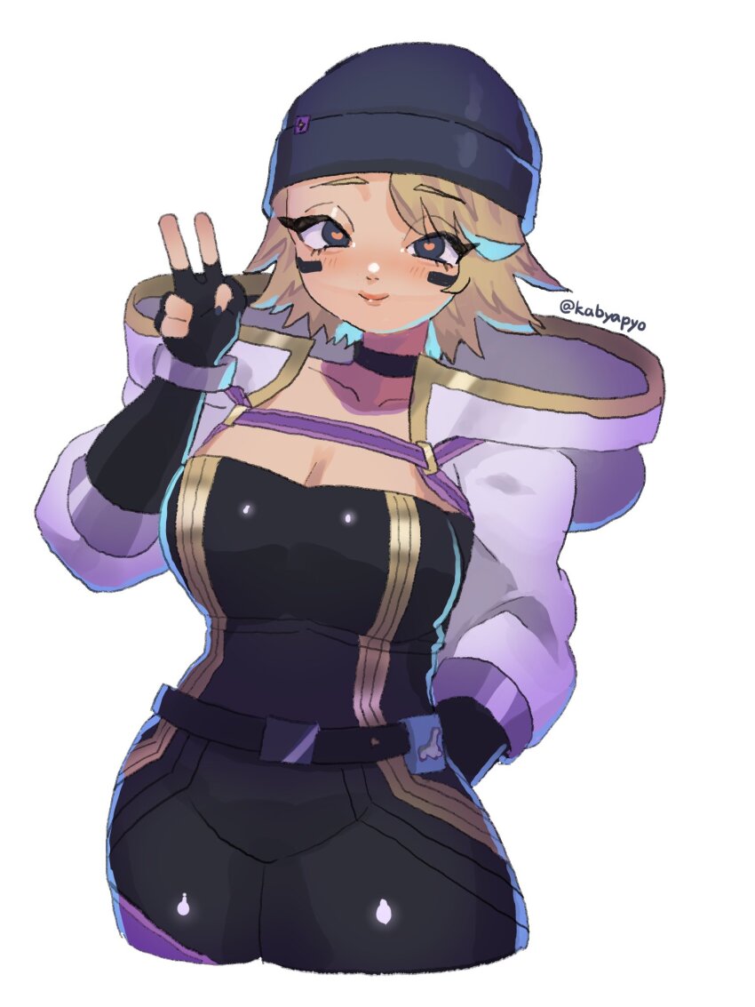 1girl, animification, apex_legends, beanie, belt, black_belt, black_gloves, blonde_hair, blue_eyes, blue_hat, blush, breasts, cleavage, collarbone, cowboy_shot, electric_incognito_wattson, fingerless_gloves, gloves, hat, heart, heart-shaped_pupils, highres, hood, hood_down, hooded_jacket, jacket, kabiyapyo, medium_breasts, nessie_(respawn), short_hair, smile, solo, symbol-shaped_pupils, v, wattson_(apex_legends), white_background, white_jacket
