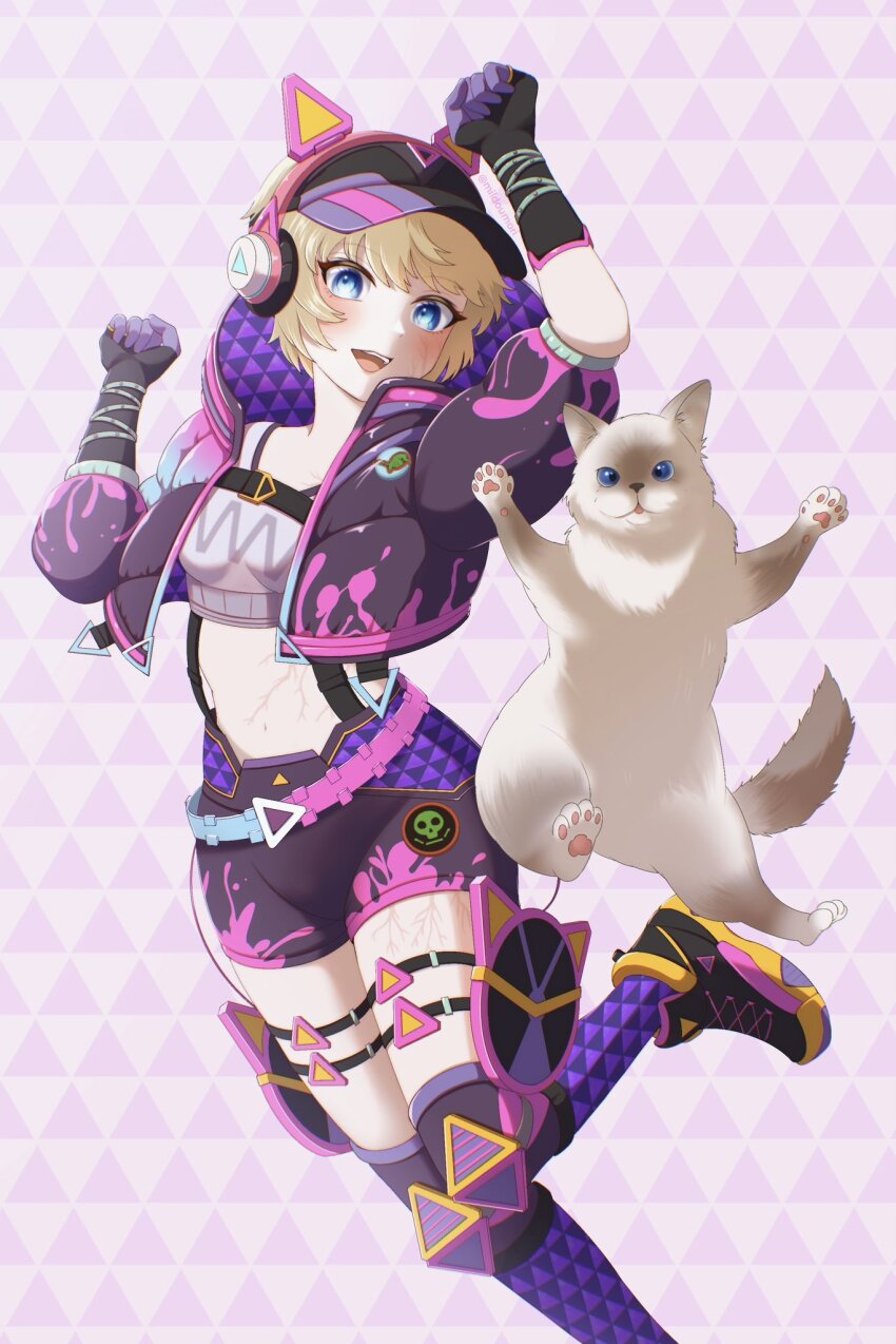 1girl, animal_ear_headphones, animal_ears, animification, apex_legends, belt, black_gloves, black_hat