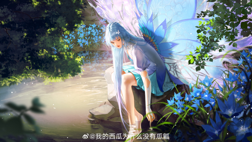 1girl, absurdres, bare_shoulders, blue_flower, butterfly_hair_ornament, closed_mouth, douluo_dalu, fingerless_gloves, flower, forest, full_body, gloves, gradient_hair, grass, hair_ornament, highres, juliet_sleeves, leaning_forward, long_sleeves, looking_down, multicolored_hair, nature, puffy_sleeves, ripples, second-party_source, single_fingerless_glove, sitting, solo, tang_wutong_(douluo_dalu), water, wings, yi_jia