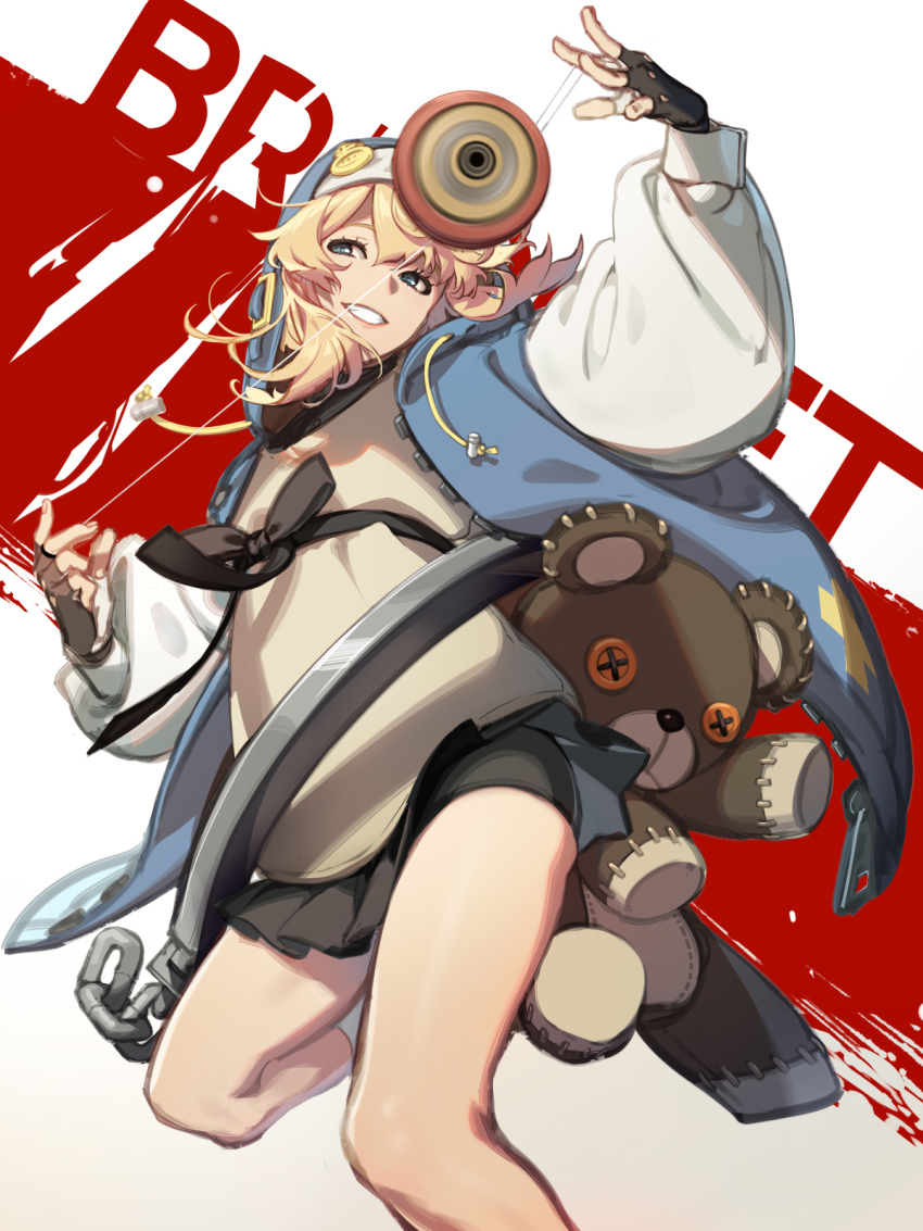 1boy, bike_shorts, bike_shorts_under_skirt, black_gloves, blonde_hair, bridget_(guilty_gear), cuffs, fingerless_gloves