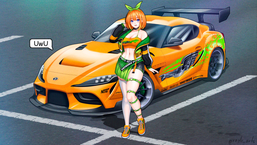 1girl, bike_shorts, bike_shorts_under_skirt, bikini, black_choker, black_jacket, blush, breasts, car, choker, cleavage, collarbone, fast_&amp;_furious, fishnet_top, fishnets, go-toubun_no_hanayome, green_bikini, green_hairband, green_ribbon, green_skirt, hair_ribbon, hairband, half-skirt, heart, heart_o-ring, highres, imrinzlergtz_art, jacket, large_breasts, looking_at_viewer, medium_hair, midriff, motor_vehicle, nakano_yotsuba, navel, nitrous_oxide_systems, o-ring, o-ring_thigh_strap, off_shoulder, orange_hair, orange_shoes, orange_tube_top, race_queen, ribbon, shadow, shoes, skindentation, skirt, smile, sneakers, solo, speech_bubble, spoiler_(automobile), sponsor, sports_car, strapless, swimsuit, the_fast_and_the_furious, the_fast_and_the_furious_1, thigh_strap, thighhighs, toyota, toyota_supra, toyota_supra_mk_v, tube_top, twitter_username, vehicle_focus, white_thighhighs