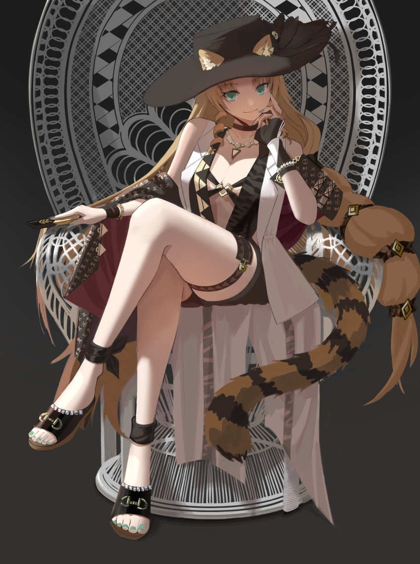 1girl, absurdres, animal_ears, arknights, arm_support, black_background, black_hat, black_one-piece_swimsuit, blonde_hair, blue_nails, breasts, casual_one-piece_swimsuit, center_opening, chair, cleavage, commentary, crossed_legs, ears_through_headwear, english_commentary, feet, full_body, green_eyes, hat, highres, jewelry, large_breasts, legs, long_hair, looking_at_viewer, nail_polish, necklace, nnicoinu, one-piece_swimsuit, sandals, simple_background, smile, solo, swimsuit, swimsuit_cover-up, swire_(arknights), swire_the_elegant_wit_(arknights), tail, thigh_strap, tiger_ears, tiger_girl, tiger_tail, toenail_polish, toenails, toes, wicker_furniture, wristband