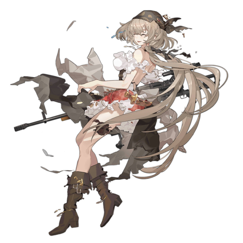 1girl, anchor_ornament, artist_request, bandana, black_bandana, black_ribbon, blush, boots