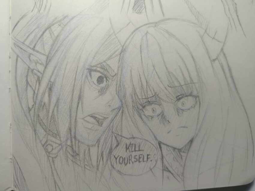 2girls, aura_(sousou_no_frieren), aura_bullying_(meme), earrings, eren_yeager, frieren, highres, horns