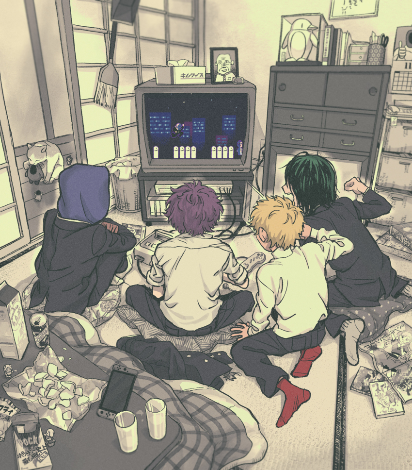 4boys, bag_of_chips, black_jacket, black_pants, blonde_hair, blue_hoodie, can, cat, clenched_hand, commentary, crossed_arms, crt, drink_can, facing_away, food, from_behind, gakuran, game_console, game_controller, green_hair, grey_socks, hacchi_(napoli_no_otokotachi), hand_up, highres, hood, hood_up, hoodie, house, indian_style, indoors, jack-o'_ran-tan, jacket, jacket_over_hoodie, kimwipe, knees_up, long_sleeves, magazine_(object), mahou_shoujo_minky_pinky, maiko_(setllon), momomizu, monochrome_background, mountain_dew, multiple_boys, napoli_no_otokotachi, nintendo_switch, on_floor, open_door, pants, playing_games, playing_video_games, pocky, profile, purple_hair, red_socks, ribon_(magazine), school_uniform, shirt, short_hair, shouji, shounen_jump, shu3_(napoli_no_otokotachi), sitting, skip_to_loafer, sleeves_rolled_up, sliding_doors, socks, sugiru_(napoli_no_otokotachi), super_famicom, super_famicom_controller, sweater, table, tatami, trash_can, turtleneck, turtleneck_sweater, unworn_jacket, video_game, white_shirt, white_sweater