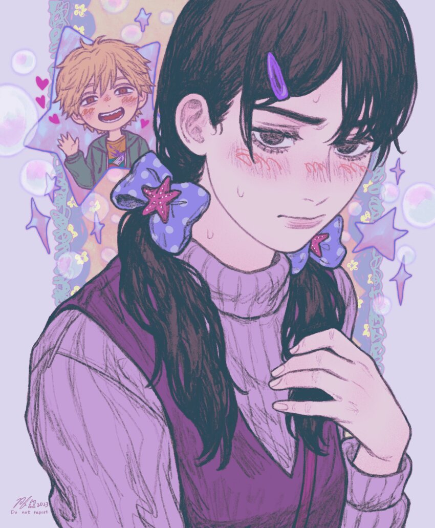 1boy, 1girl, 2023, black_eyes, black_hair, blonde_hair, blush, bow