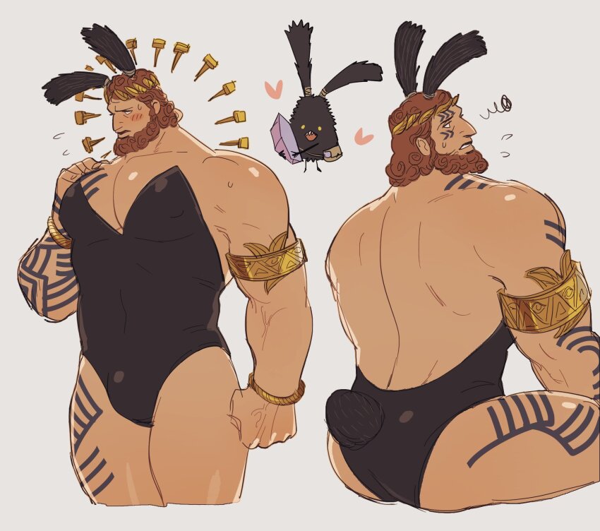 1boy, animal_ears, armlet, ass, bara, beard, blank_eyes, blush