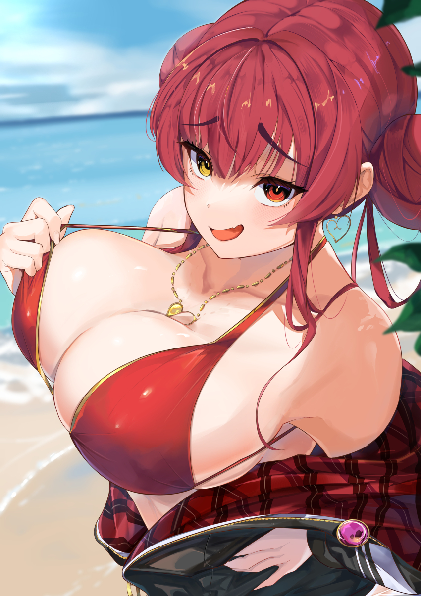 1girl, absurdres, beach, bikini, bikini_pull, black_jacket, blue_sky, blush, breasts, cleavage, clothes_pull, cloud, cobato., double_bun, earrings, fang, gold_earrings, gold_necklace, hair_bun, hand_on_own_hip, heart, heart_necklace, heterochromia, highres, hololive, houshou_marine, houshou_marine_(summer), jacket, jewelry, large_breasts, long_hair, looking_at_viewer, naughty_face, necklace, official_alternate_costume, open_mouth, red_bikini, red_eyes, red_hair, red_jacket, skin_fang, sky, smile, solo, swimsuit, teasing, two-sided_fabric, two-sided_jacket, virtual_youtuber, water, yellow_eyes