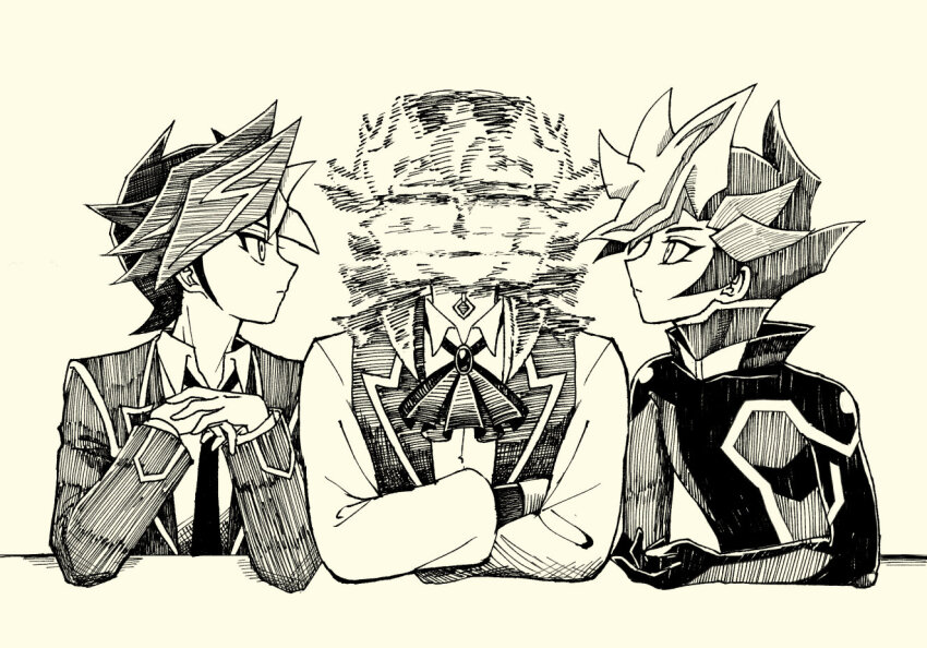 3boys, afterimage, ai_(yu-gi-oh!), bodysuit, boy_sandwich, dual_persona, elbows_on_table, facing_another