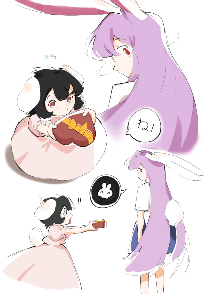 2girls, absurdres, animal_ears, black_hair, blush, box, crt599, heart-shaped_box, highres, inaba_tewi, long_hair, multiple_girls, purple_hair, rabbit_ears, rabbit_tail, reisen_udongein_inaba, rejection, short_hair, skull, tail, tearing_up, touhou, translation_request, valentine, yuri