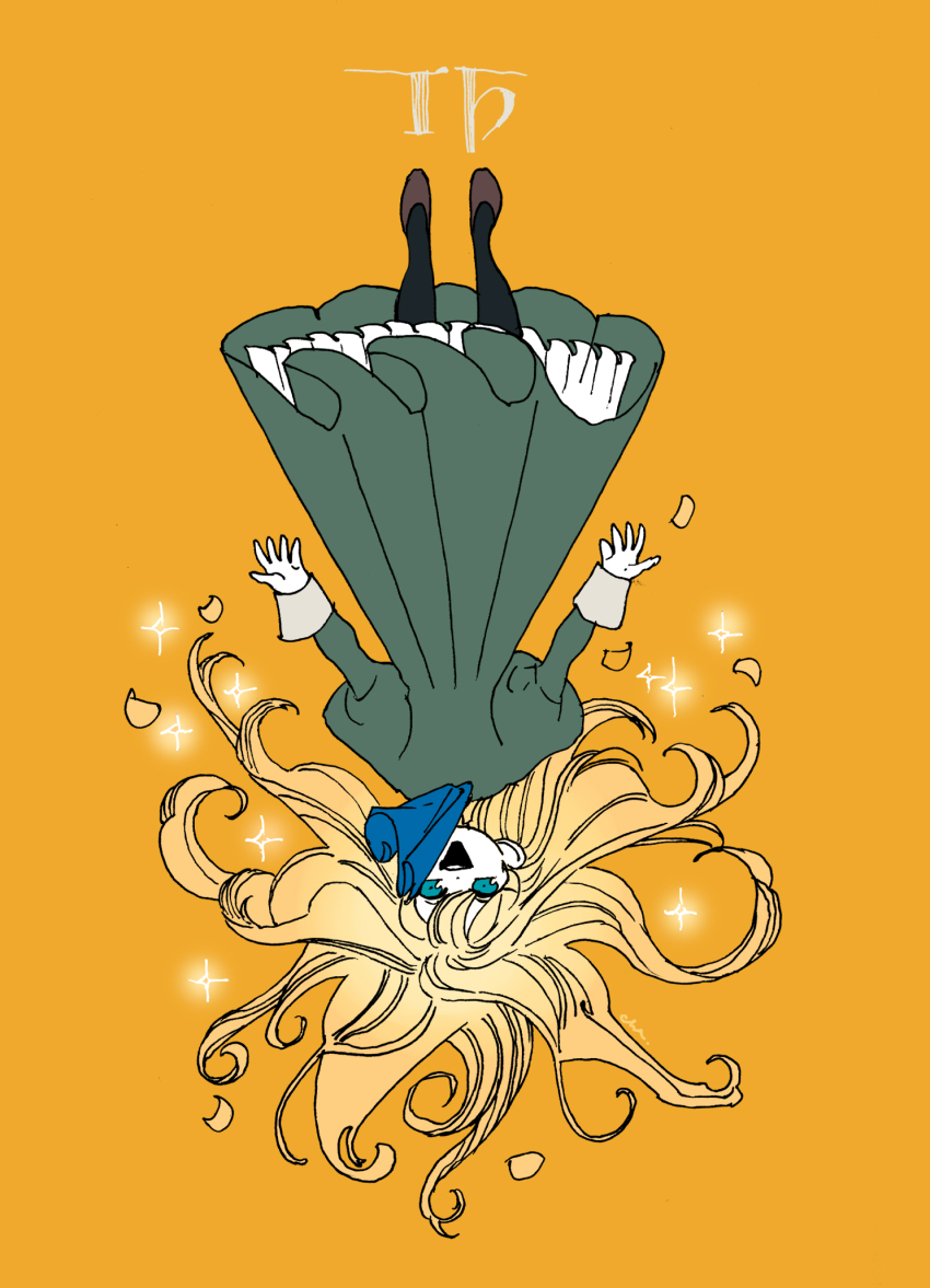 1girl, arms_at_sides, ascot, black_pantyhose, blue_ascot, brown_footwear, copyright_name, dress