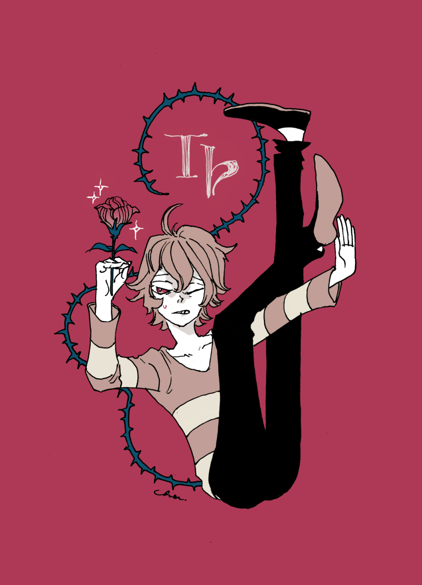 1boy, between_fingers, black_pants, brown_hair, brown_shirt, clenched_teeth, collarbone, copyright_name