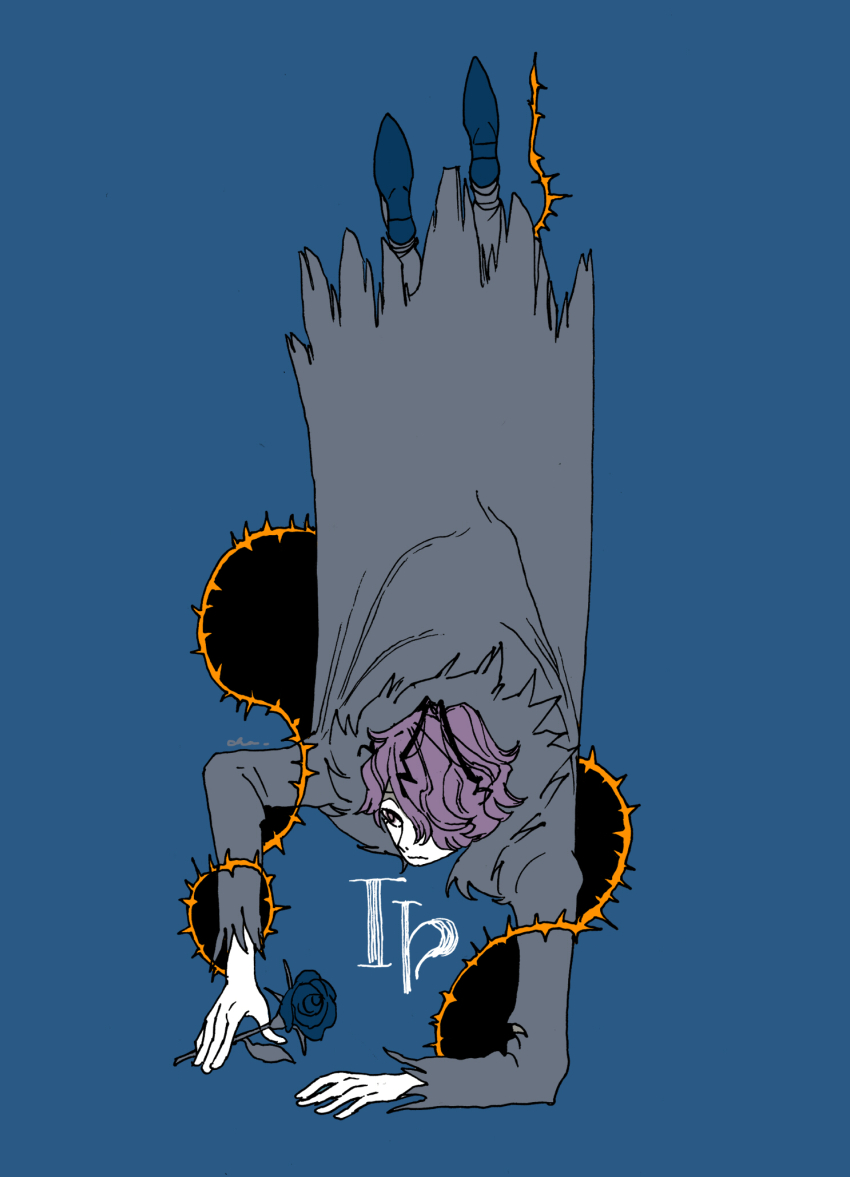 1boy, black_hair, blue_background, blue_flower, blue_rose, boots, closed_mouth, coat