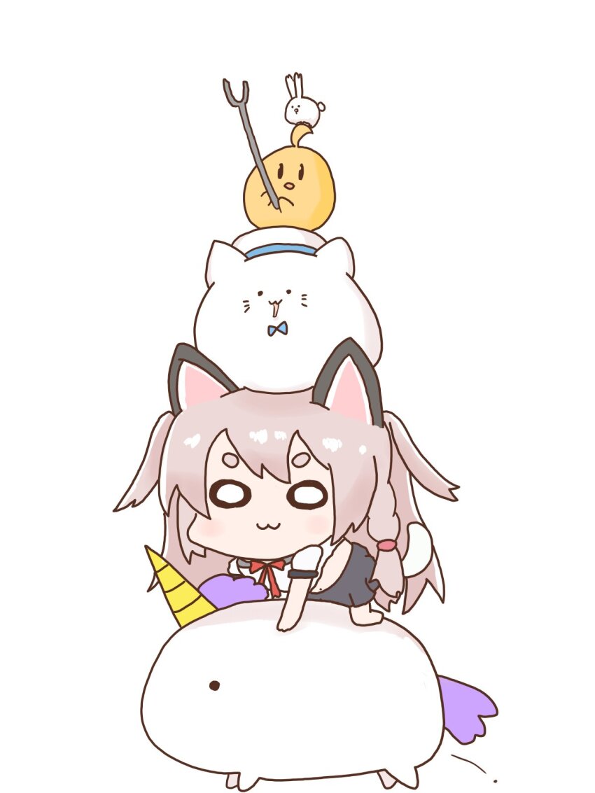 1girl, :3, animal_ears, azur_lane, black_skirt, chibi, highres, holding, holding_stick, light_brown_hair, manjuu_(azur_lane), meowfficer_(azur_lane), miniskirt, mochi_no_suke_(4555), short_sleeves, simple_background, skirt, stick, unicorn, white_background, yuudachi_(azur_lane)