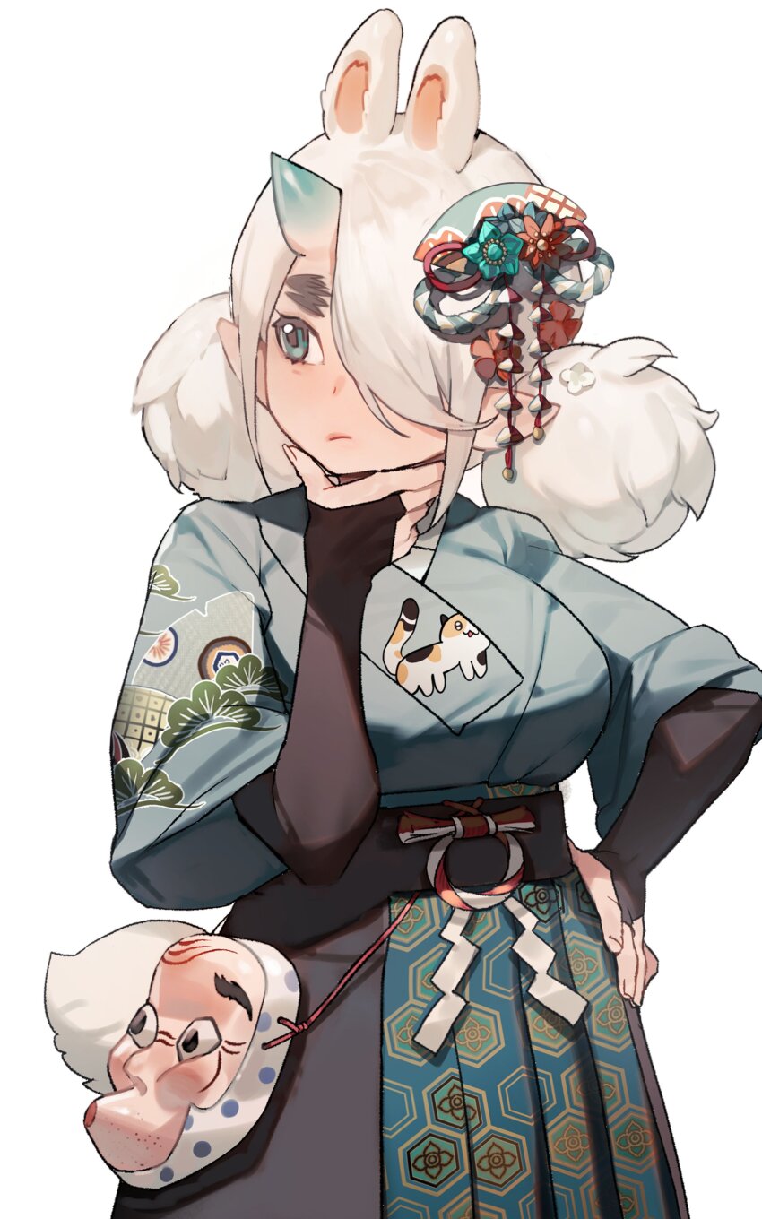 1girl, absurdres, animal_ears, blue_eyes, blue_hakama, breasts, cowboy_shot, double_bun