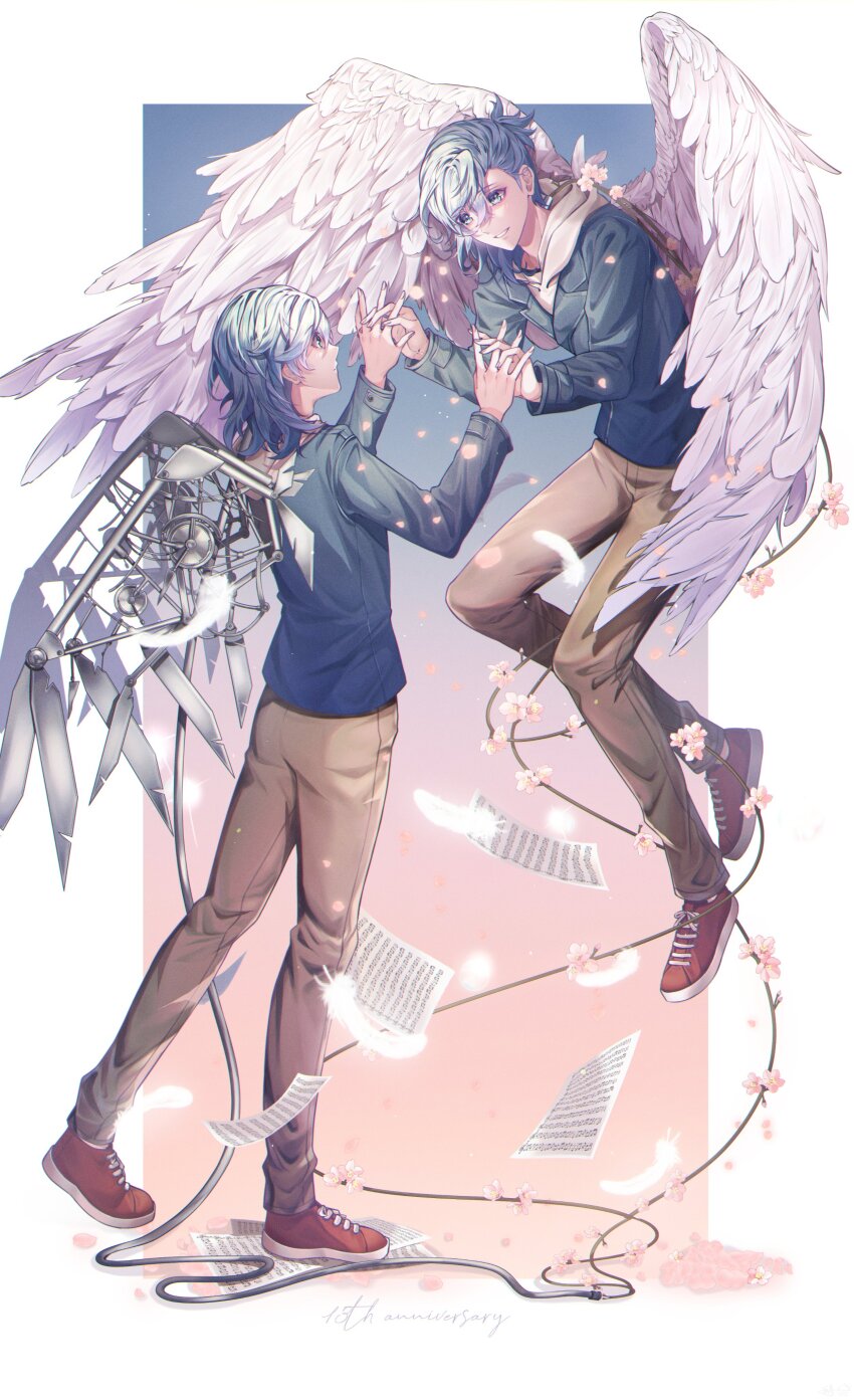 2boys, absurdres, angel_wings, asymmetrical_bangs, asymmetrical_hair, blue_background, blue_eyes, blue_hair