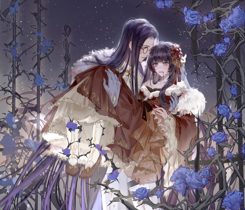 1boy, 1girl, absurdres, ascot, black_cape, black_hair, blood, blood_from_mouth