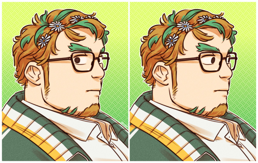 1boy, absurdres, averting_eyes, awkward_look_monkey_puppet_(meme), bara, blank_stare, bpzeep, chiseled_face, collared_shirt, empty_eyes, facial_hair, fat, fat_man, flower, glasses, goatee, green_background, green_hair, hair_flower, hair_ornament, highres, hippolytus_(housamo), light_brown_hair, long_sideburns, male_focus, meme, multicolored_hair, multiple_views, portrait, shirt, short_hair, sideburns, sideburns_stubble, sideways_glance, split_screen, streaked_hair, stubble, thick_eyebrows, tokyo_houkago_summoners, two-tone_beard