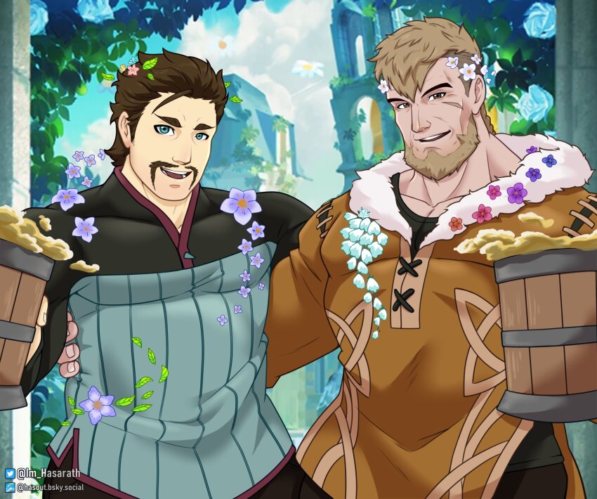 2boys, alcohol, alois_rangeld, arts_of_hasarath, bara, beer, blonde_hair, blue_eyes, brown_hair, couple, cowboy_shot, facial_hair, fire_emblem, fire_emblem:_three_houses, flower, forest, hair_flower, hair_ornament, happy, highres, jeralt_reus_eisner, large_pectorals, long_sleeves, looking_at_viewer, male_focus, mature_male, multiple_boys, muscular, muscular_male, mustache, nature, nintendo, pectorals, short_hair, side-by-side, smile, thick_eyebrows, valentine, yaoi