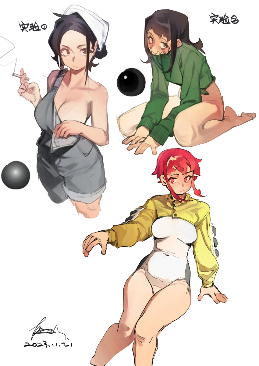 2023, 3girls, absurdres, arm_support, bare_arms, bare_legs, barefoot, black_hair