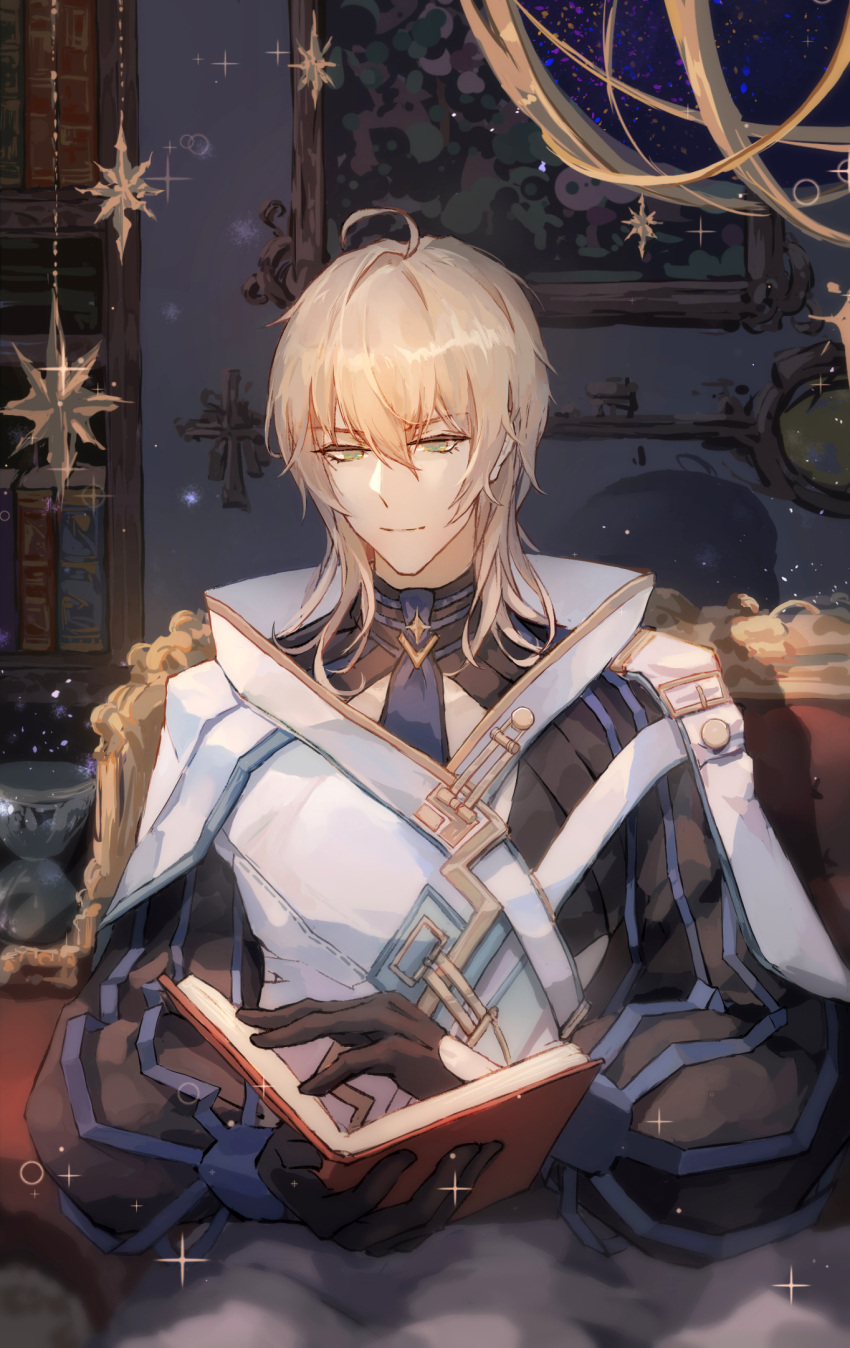 1boy, ahoge, alkaid_mcgrath, alkaid_mcgrath_(eden), armillary_sphere, black_gloves, black_shirt, blonde_hair