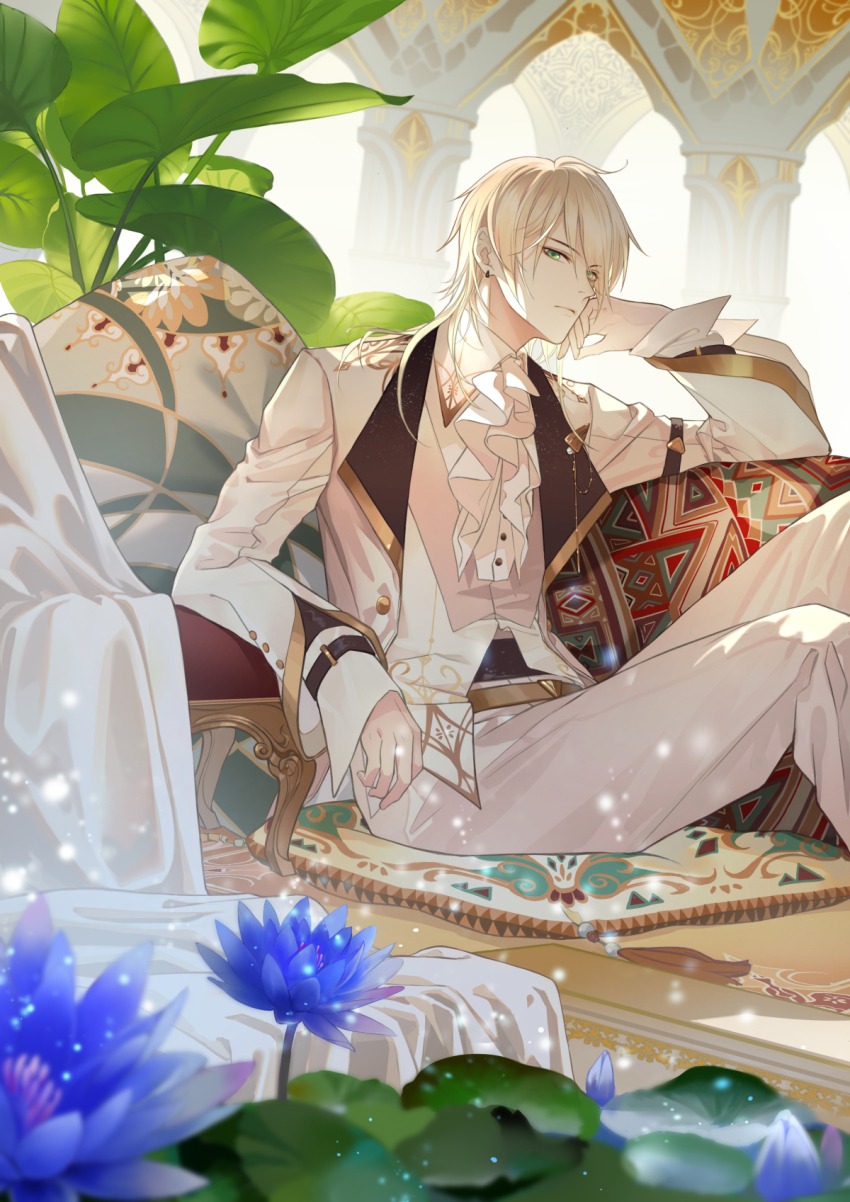 1boy, alkaid_mcgrath, alkaid_mcgrath_(eden), arch, arm_rest, ascot, blanket, blonde_hair, blue_flower, carpet, closed_mouth, collared_shirt, cushion, earrings, expressionless, feet_out_of_frame, flower, formal_clothes, green_eyes, hair_between_eyes, head_rest, highres, indoors, jacket, jewelry, knees_up, lapel_pin, lapels, leaf, light_particles, lily_pad, loli_bushi, long_sleeves, looking_at_viewer, lovebrush_chronicles, male_focus, medium_hair, middle_eastern_architecture, on_floor, open_clothes, open_jacket, pants, plant, shirt, sideways_glance, sitting, sleeve_garter, sleeves_past_wrists, solo, suit, vest, water_lily_flower, white_ascot, white_jacket, white_pants, white_shirt, white_suit, white_vest