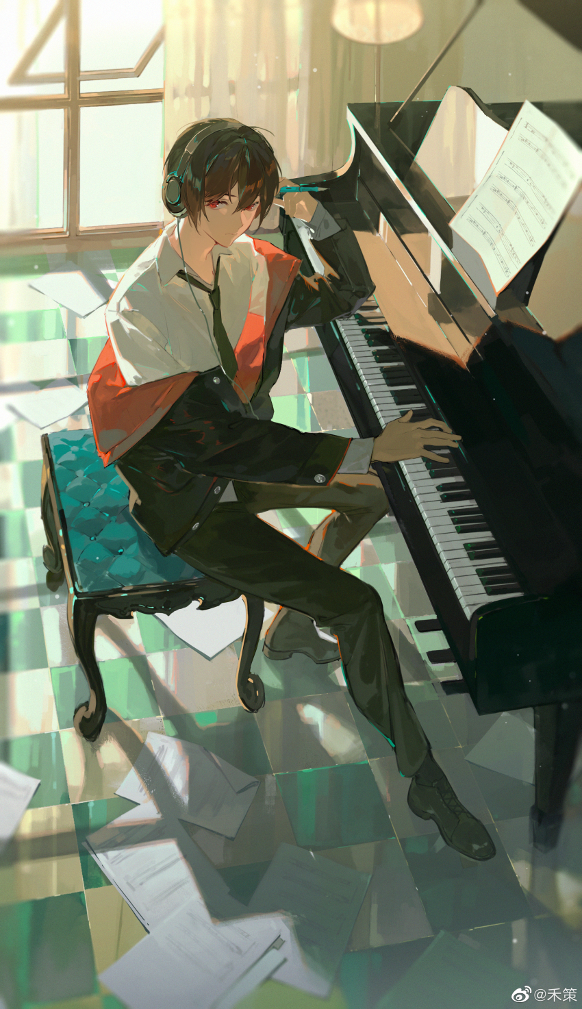 1boy, absurdres, ayn_alwyn, ayn_alwyn_(everyday_outfit), black_hair, black_jacket, black_necktie, black_pants