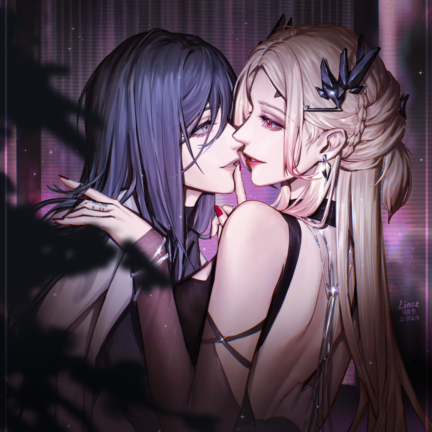 2024, 2girls, backless_dress, backless_outfit, bare_shoulders, black_dress, blonde_hair, blue_hair