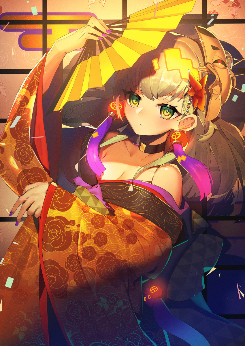 1other, absurdres, androgynous, blonde_hair, duel_monster, ear_ornament, fake_horns, gloves