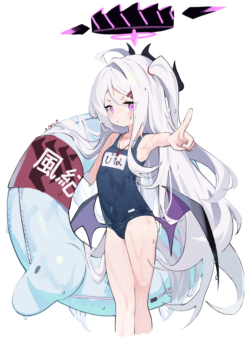 1girl, absurdres, ahoge, bare_arms, bare_legs, bare_shoulders, black_one-piece_swimsuit, blue_archive