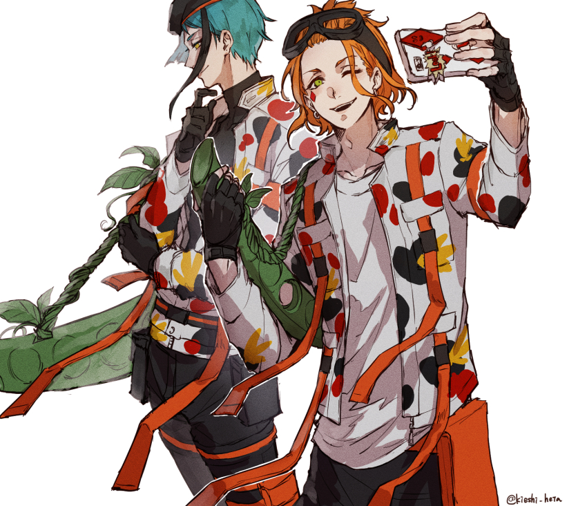 2boys, akazu_kieshi, artist_name, black-framed_eyewear, black_gloves, black_pants, black_shirt, blue_hair