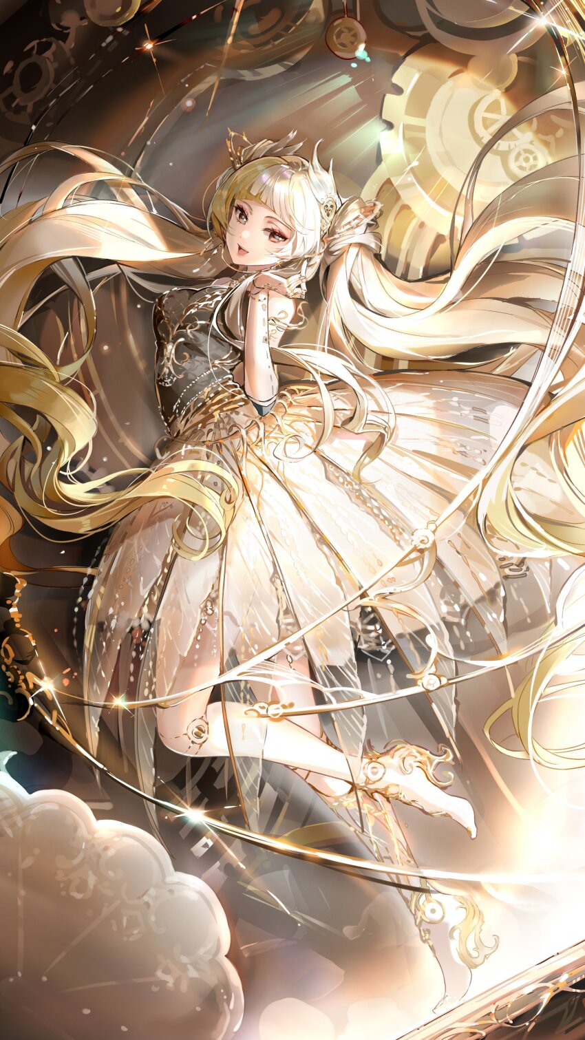 1girl, :d, absurdres, analog_clock, black_nails, black_shirt, blonde_hair, blunt_bangs