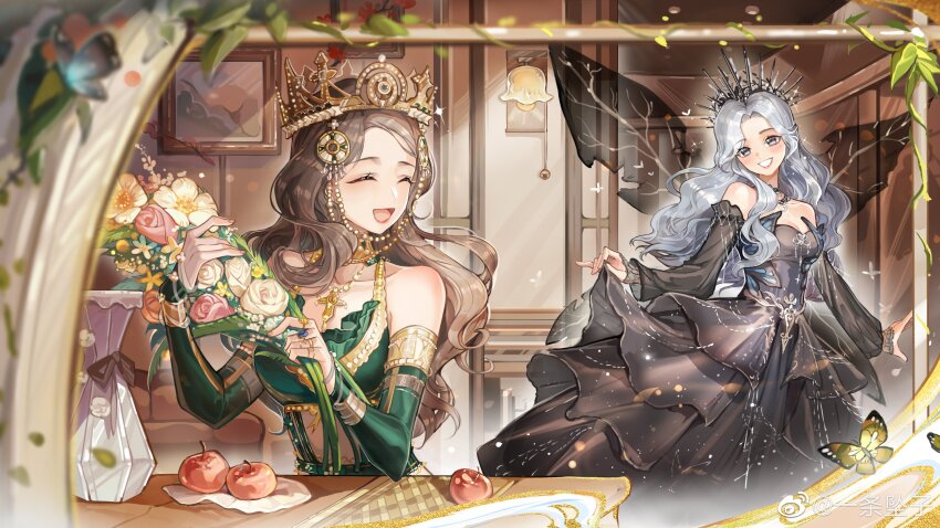 2girls, :d, ^_^, absurdres, apple, black_dress, black_eyes, black_wings