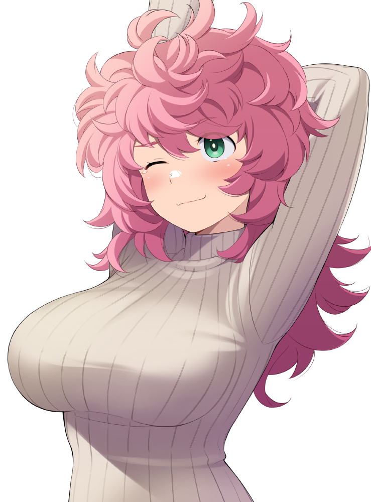 1girl, arm_behind_head, arms_up, breasts, green_eyes, grey_sweater, honda_naoki, large_breasts, long_sleeves, looking_at_viewer, mamayuyu, one_eye_closed, pink_hair, ribbed_sweater, simple_background, solo, sweater, upper_body, white_background, wool_pool_elysia