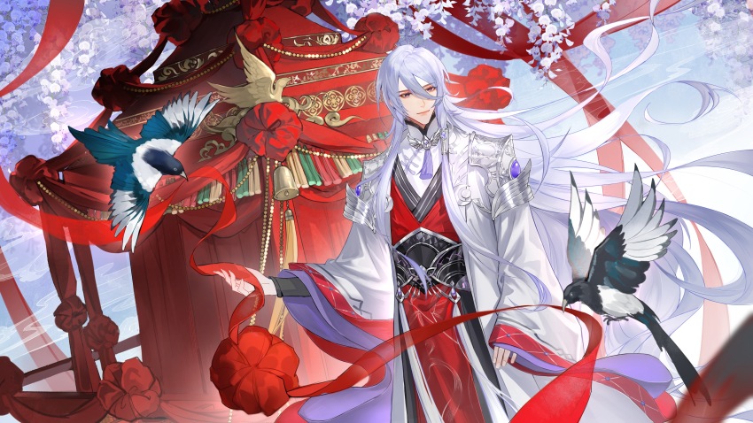 1boy, absurdres, bell, bird, black_sash, cael_anselm, cael_anselm_(love_tome), carriage, chinese_clothes, closed_mouth, coat, cowboy_shot, flower, groom, guaisanmu, hair_between_eyes, hanfu, highres, holding, holding_ribbon, long_bangs, long_hair, long_sleeves, looking_at_animal, lovebrush_chronicles, male_focus, mandarin_collar, mouth_hold, neck_tassel, purple_eyes, purple_flower, red_robe, ribbon, robe, sash, shirt, shoulder_guard, silk_ball, solo, standing, tassel, very_long_hair, white_coat, white_hair, white_shirt, wide_sleeves, wisteria