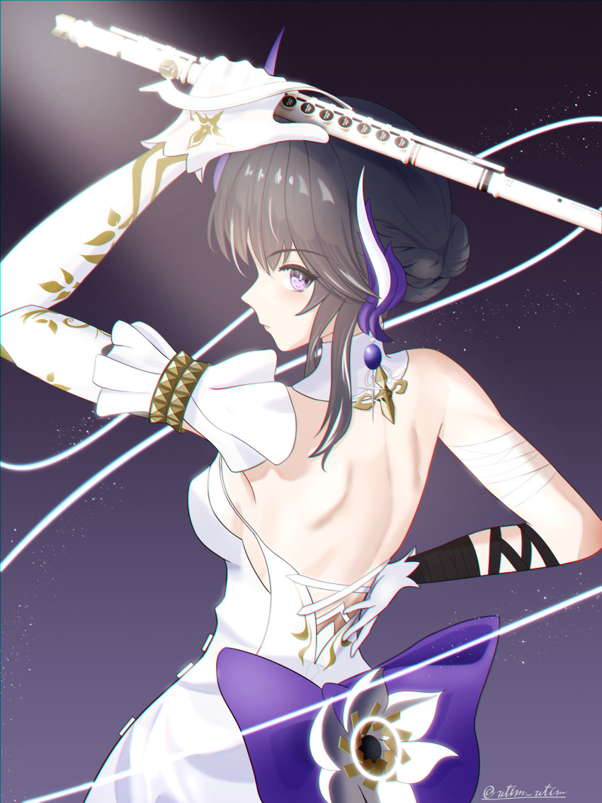 1girl, absurdres, armlet, backless_dress, backless_outfit, bandaged_arm, bandages, black_hair, bow, collar, detached_collar, dress, elbow_gloves, flute, gloves, hair_ornament, highres, holding, holding_flute, holding_instrument, instrument, jewelry, punishing:_gray_raven, purple_bow, purple_eyes, selena:_capriccio_(irisfall_ballad)_(pgr), selena_(pgr), short_hair, sidelocks, solo, utim, white_collar, white_dress, white_gloves, wing_hair_ornament