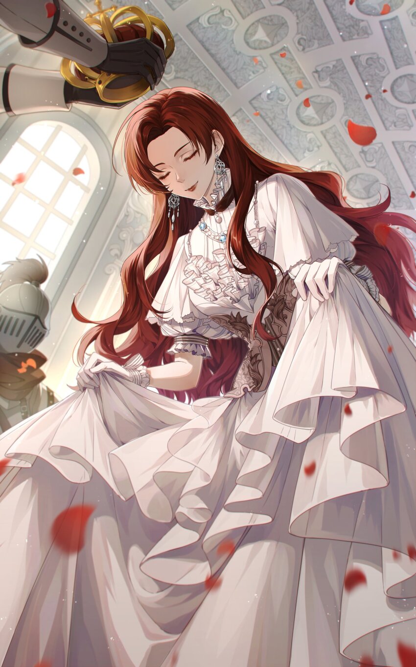 1girl, bowing, closed_eyes, closed_mouth, coronation, corset, crown, dress, earrings, falling_petals, feet_out_of_frame, floating_earrings, frilled_dress, frilled_shirt_collar, frills, gloves, gown, helix_waltz_2, helmet, highres, holding, holding_crown, holding_own_dress, indoors, jewelry, kalia_rovella, lipstick, long_hair, makeup, nanin, necklace, out_of_frame, parted_bangs, petals, puffy_short_sleeves, puffy_sleeves, putting_on_headwear, red_lips, short_sleeves, smile, solo_focus, wavy_hair, white_dress, white_gloves, window