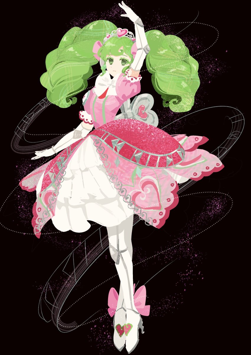 1girl, absurdres, arm_up, black_background, boots, bow, colored_eyelashes, commentary, dress, elbow_gloves, english_commentary, expressionless, falulu, full_body, gloves, green_eyes, green_hair, high_heel_boots, high_heels, highres, long_hair, looking_at_viewer, minyono, pink_bow, pink_dress, pretty_series, pripara, puffy_short_sleeves, puffy_sleeves, short_sleeves, sidelocks, solo, standing, tiara, twintails, very_long_hair, white_boots, white_gloves, winding_key