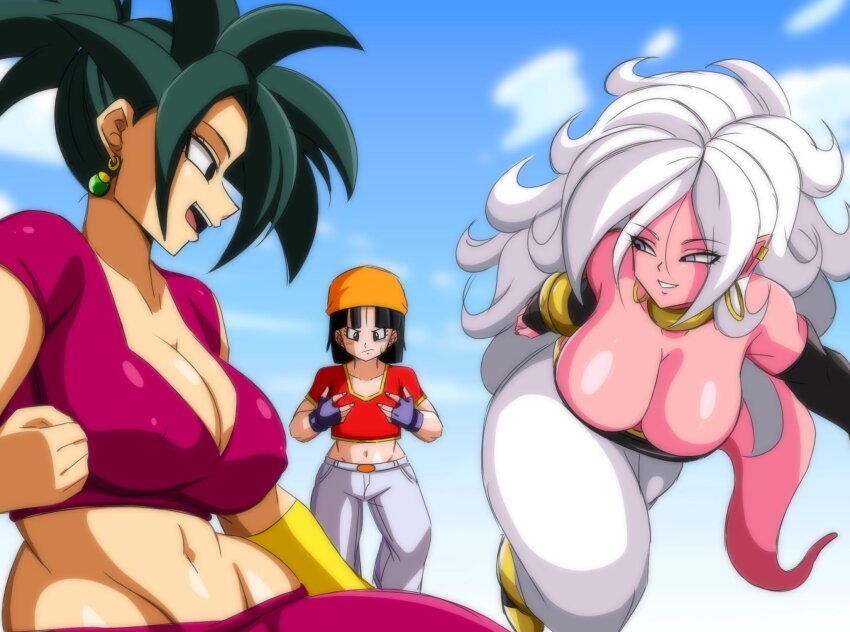 3girls, android_21, bandana, bandeau, bare_shoulders, bracelet, breast_envy, breasts
