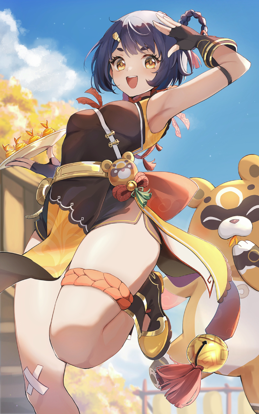 1girl, absurdres, arm_strap, arm_up, armpits, bare_shoulders, bell, black_dress, black_footwear, blue_hair, blue_sky, boots, breasts, cloud, commentary_request, day, dress, foot_out_of_frame, genshin_impact, golden_shrimp_balls_(genshin_impact), guoba_(genshin_impact), highres, holding, holding_plate, jingle_bell, pelvic_curtain, plate, short_hair, sky, sleeveless, sleeveless_dress, small_breasts, standing, thigh_strap, thighs, ura_(hamburg_oniku), xiangling_(genshin_impact), yellow_eyes
