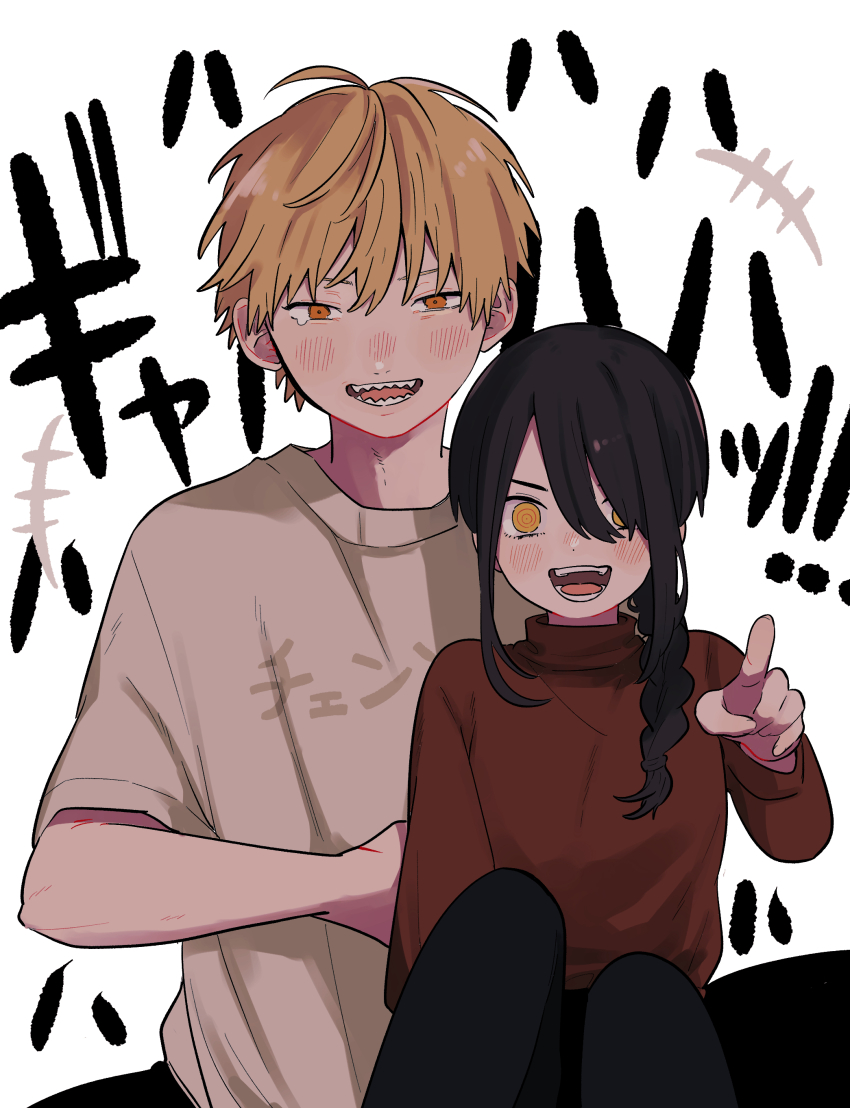 1boy, 1girl, absurdres, black_hair, blonde_hair, braid, brown_sweater, chainsaw_man