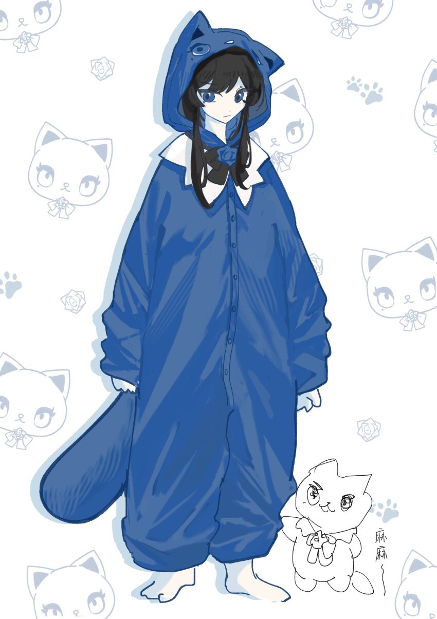 1girl, ado_(utaite), animal_ear_hood, animal_ears, black_bow, black_bowtie, black_hair, blue_eyes