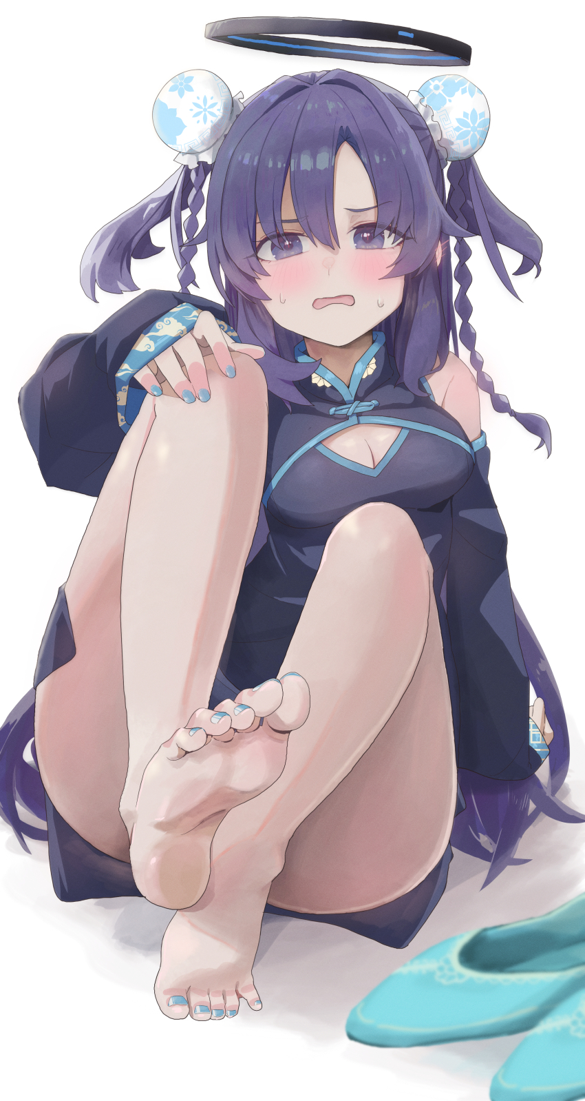 1girl, absurdres, alternate_costume, alternate_hairstyle, ass, bare_legs, barefoot, black_dress, blue_archive, blue_nails, blush, braid, breasts, bun_cover, china_dress, chinese_clothes, cleavage, cleavage_cutout, clothing_cutout, commentary_request, convenient_leg, dezi, double_bun, dress, ear_blush, embarrassed, feet, fingernails, foot_focus, foreshortening, frown, full_body, hair_between_eyes, hair_bun, halo, highres, knees_up, long_hair, long_sleeves, looking_at_viewer, mechanical_halo, medium_breasts, nail_polish, no_shoes, open_mouth, purple_dress, purple_eyes, purple_hair, shoes, simple_background, sleeves_past_wrists, soles, solo, sweatdrop, thighs, toenail_polish, toenails, toes, twin_braids, two_side_up, unworn_shoes, white_background, yuuka_(blue_archive)