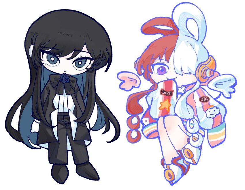 2girls, ado_(utaite), black_bow, black_bowtie, black_coat, black_footwear, black_hair, black_pants, blue_eyes, blue_flower, blue_hair, blue_rose, bow, bowtie, brooch, chando_(ado), chinese_commentary, closed_mouth, cloud_nine_inc, coat, colored_inner_hair, commentary_request, dress_shirt, flower, flower_brooch, full_body, gloves, hair_over_one_eye, hair_rings, hand_up, headphones, highres, long_sleeves, looking_at_viewer, mole, mole_under_eye, multicolored_hair, multiple_girls, one_piece, one_piece_film:_red, open_clothes, open_coat, pants, phossscinnn, purple_eyes, red_hair, rose, shirt, simple_background, sleeves_past_fingers, sleeves_past_wrists, smile, split-color_hair, two-tone_hair, uta_(one_piece), utaite, voice_actor_connection, white_background, white_gloves, white_hair, white_shirt