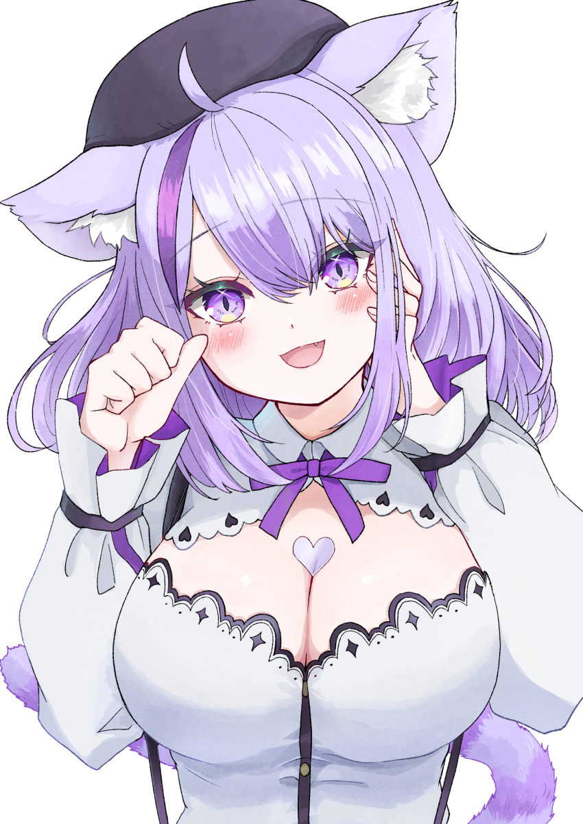 1girl, ahoge, animal_ear_fluff, animal_ears, beret, black_headwear, blush, breasts, cat_ears, cat_girl, cat_tail, cleavage, cleavage_cutout, clothing_cutout, collared_shirt, hand_on_own_face, hat, heart_on_chest, highres, hololive, large_breasts, medium_hair, mia960, multicolored_hair, nekomata_okayu, nekomata_okayu_(wonderland), official_alternate_costume, open_mouth, purple_eyes, purple_hair, shirt, smile, streaked_hair, suspenders, tail, virtual_youtuber, white_background, white_shirt