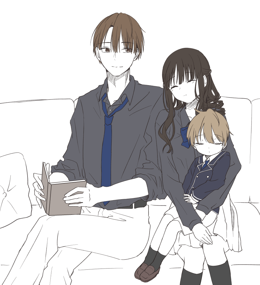 1girl, 2boys, absurdres, belt, black_socks, blazer, blue_bow, blue_bowtie, blue_jacket, blue_necktie, book, bow, bowtie, brothers, brown_footwear, brown_hair, child, couch, enjou_shuusuke, enjou_yukino, grey_shirt, highres, holding, holding_book, jacket, kenkyo_kenjitsu_wo_motto_ni_ikite_orimasu, kisshouin_reika, leaning_on_person, loafers, looking_at_another, multiple_boys, necktie, on_couch, pants, partially_colored, shirt, shoes, siblings, sitting, sitting_on_lap, sitting_on_person, sleeping, socks, uma_(zoe-182420), white_pants, white_shirt