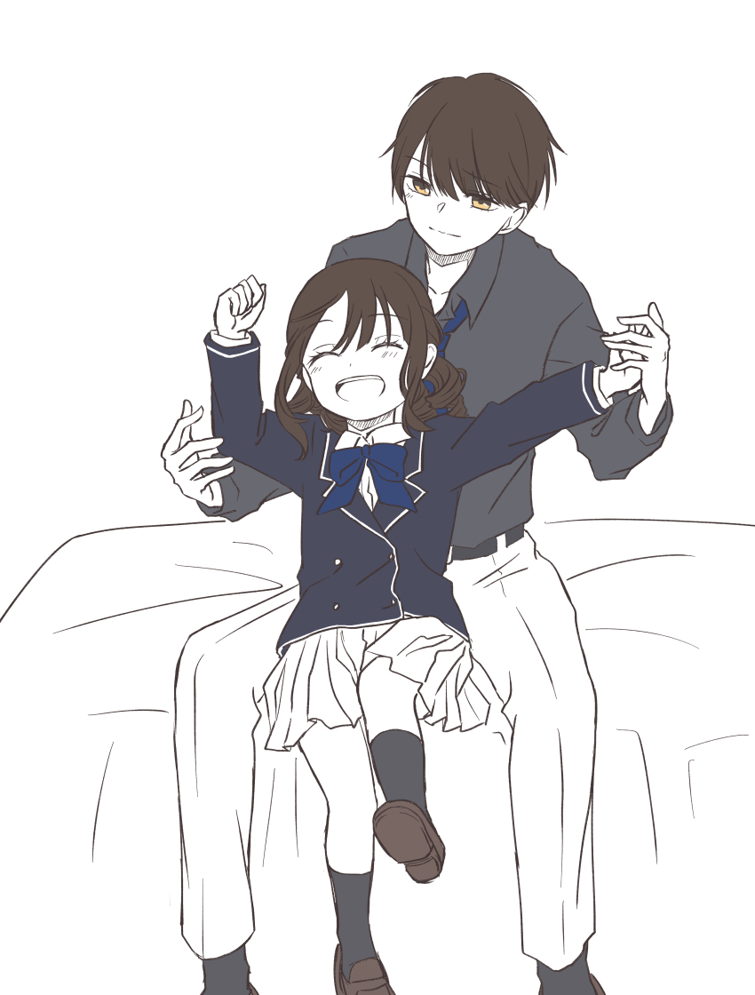 :d, absurdres, belt, blazer, blue_bow, blue_bowtie, blue_jacket, blue_necktie, bow, bowtie, brother_and_sister, brown_hair, buttons, closed_eyes, curly_hair, double-breasted, grey_shirt, grey_socks, happy, highres, jacket, kenkyo_kenjitsu_wo_motto_ni_ikite_orimasu, kisshouin_reika, kisshouin_takateru, leg_up, loafers, looking_at_another, necktie, open_mouth, outstretched_arms, pants, pleated_skirt, shirt, shoes, siblings, sitting, skirt, smile, socks, uma_(zoe-182420), white_pants, white_shirt, white_skirt