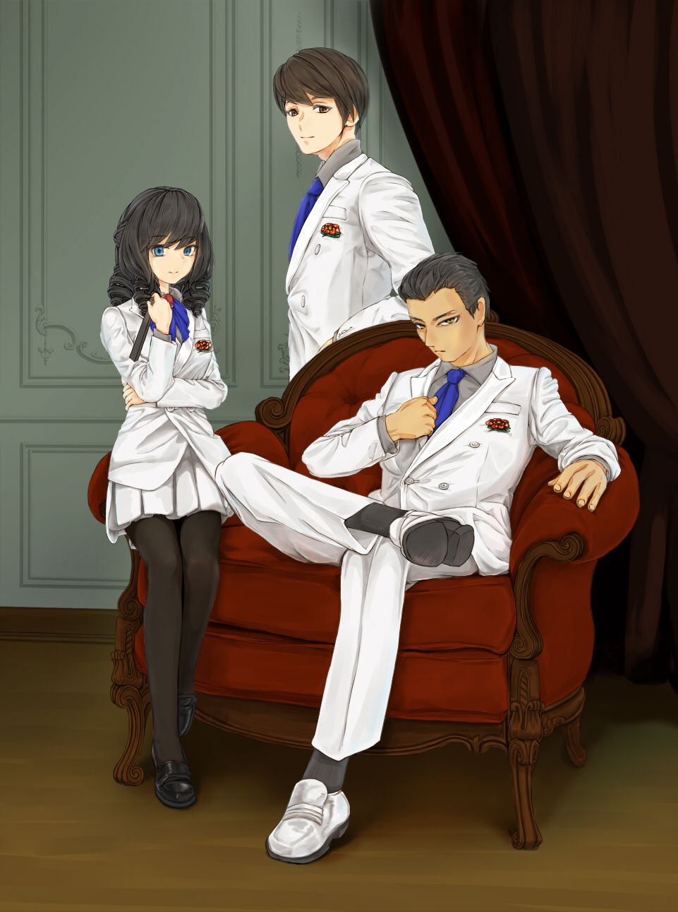 1girl, 2boys, arm_support, armchair, black_footwear, black_hair, black_leggings, black_socks, blue_bow, blue_bowtie, blue_eyes, blue_necktie, boutonniere, bow, bowtie, brown_eyes, brown_hair, buttons, chair, collared_shirt, crossed_arms, crossed_legs, curtains, double-breasted, drill_hair, enjou_shuusuke, from_side, full_body, grey_shirt, hand_fan, hand_on_chair, hand_on_own_chest, highres, holding, holding_fan, jacket, kaburagi_masaya, kenkyo_kenjitsu_wo_motto_ni_ikite_orimasu, kisshouin_reika, leggings, loafers, looking_at_viewer, multiple_boys, necktie, on_chair, pants, pleated_skirt, shirt, shoes, sitting, skirt, socks, tklobot, white_footwear, white_jacket, white_pants, white_skirt, wooden_floor