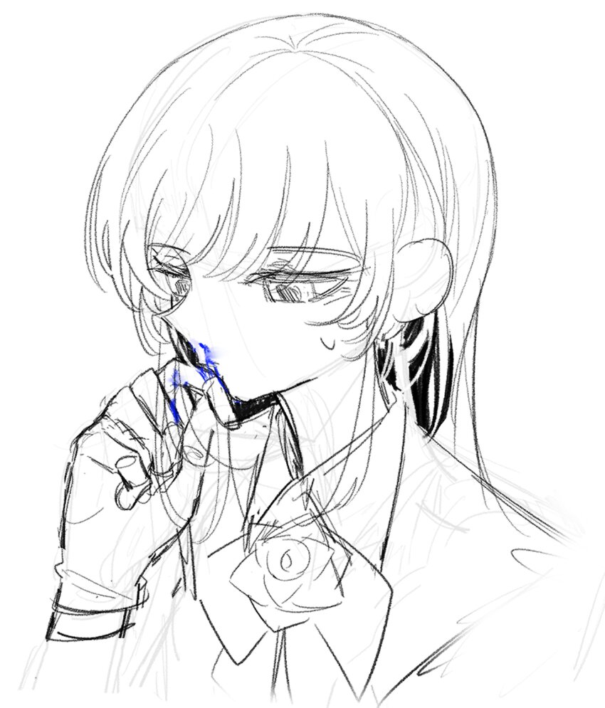 1girl, absurdres, ado_(utaite), blood, blue_blood, bow, bowtie, brooch