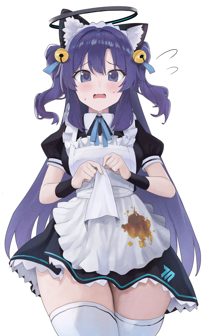 1girl, absurdres, alternate_costume, animal_ear_fluff, animal_ears, apron, bell, black_shirt